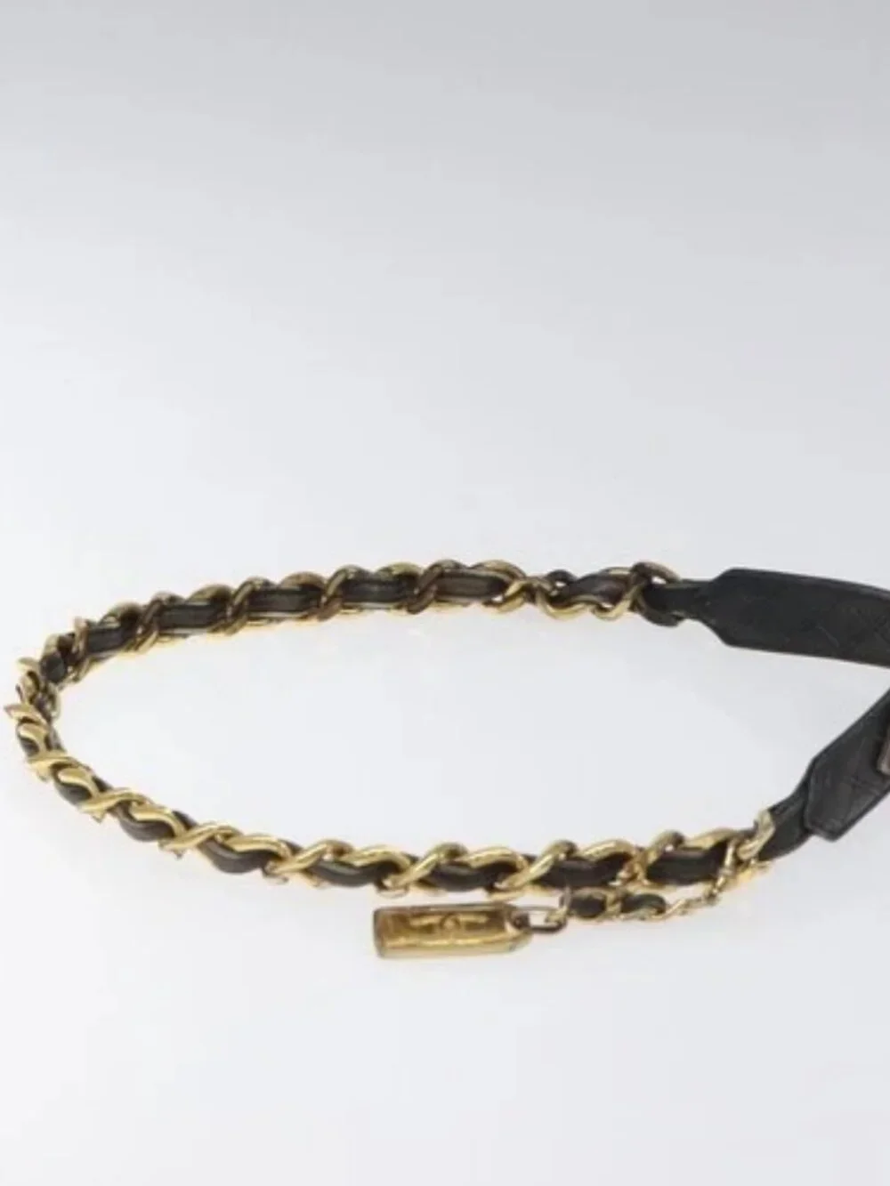 CHANEL Chain Belt metal Lamb Skin Black Gold CC Auth MY480